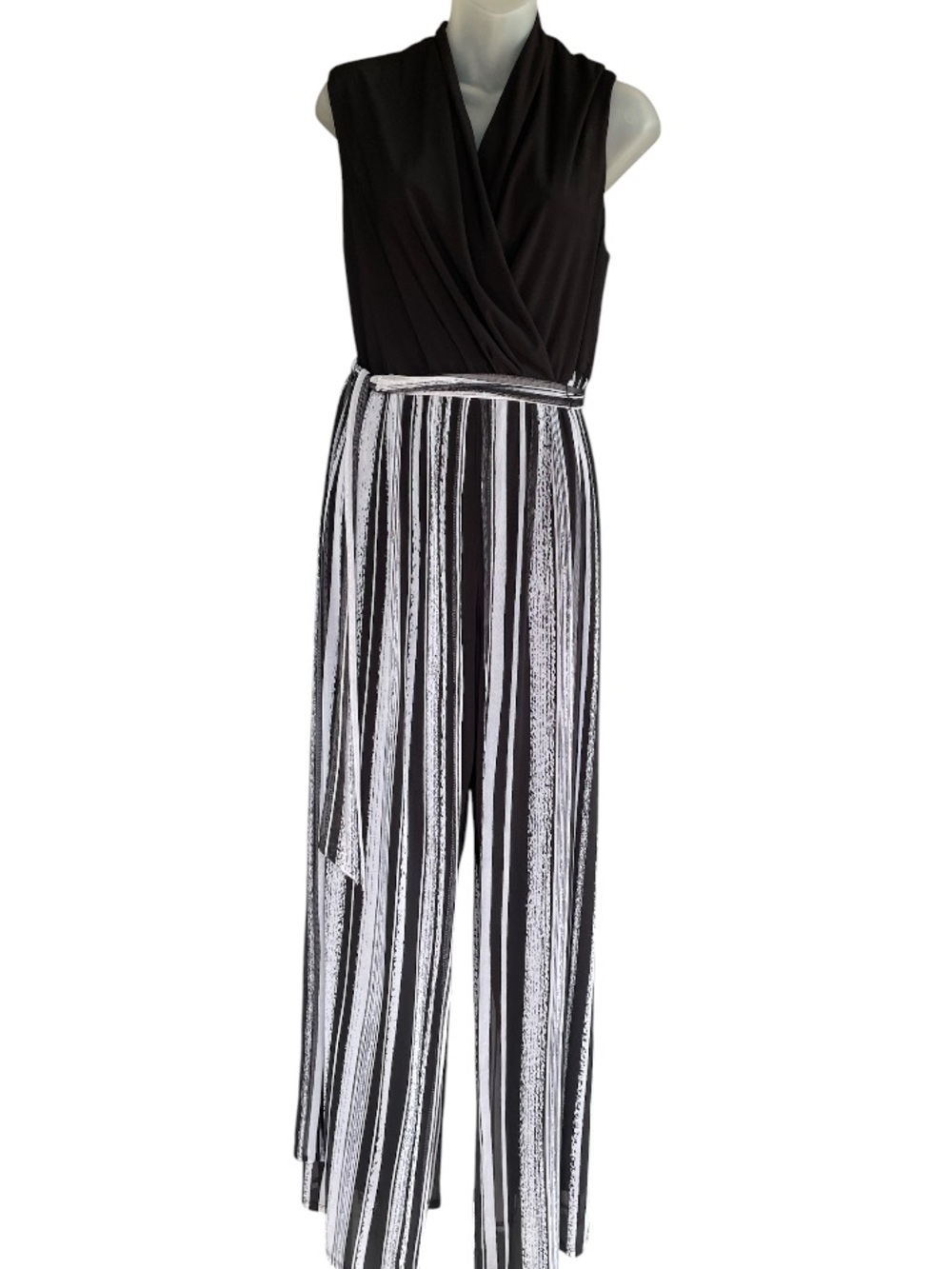 R&M Richards Black Wrap-Front Striped-Jumpsuit NWT Size 12 special Occassion